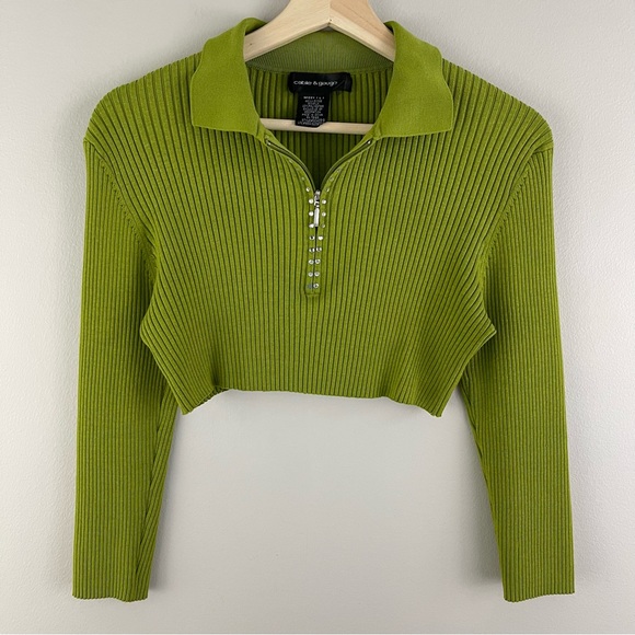Cable & Gauge Tops - CABLE & GAUGE Y2K 90’s Vibes Green Ribbed Rhinestone Half Zip Cropped Sweater